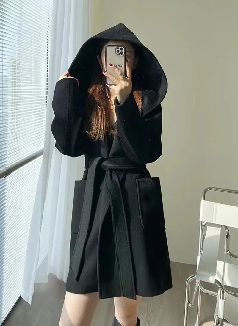 

2023 Winter Christmas Clothing Women's Double-sided Cashmere Coat High-end Water Ripple Jacket Hooded Fashion Luxury Scarf Coat