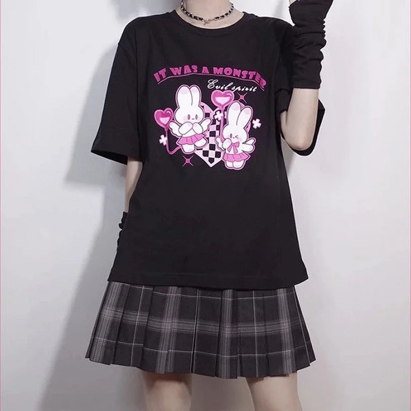 

MINGLIUSILI Kawaii Tee Shirt Femme 2022 Summer Korean Fashion Cute T Shirt Women Short Sleeve Oversize Casual Black Tops