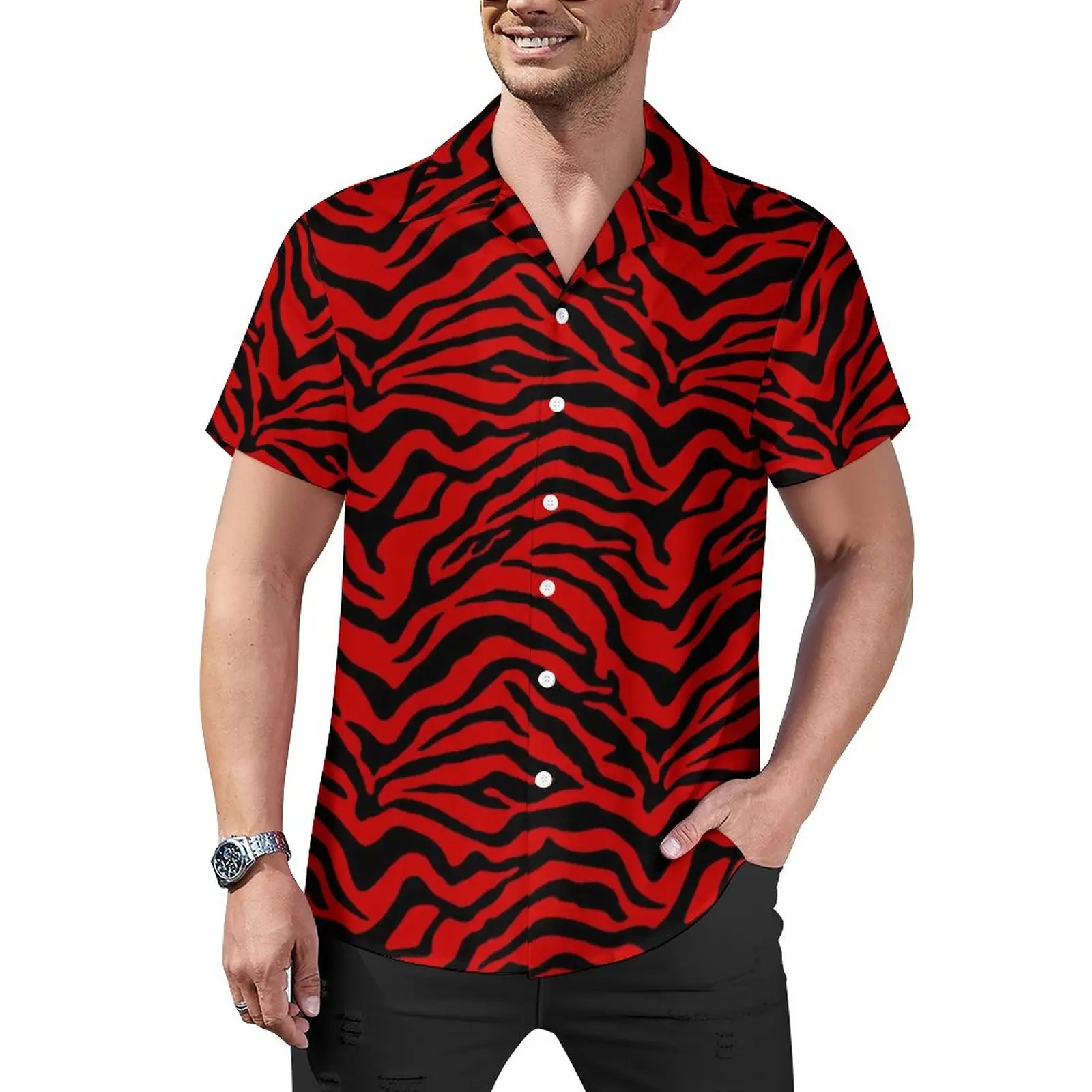 

Zebra Print Casual Shirt Black and Red Stripes Beach Loose Shirt Hawaiian Streetwear Blouses Short Sleeves Custom Oversize Tops