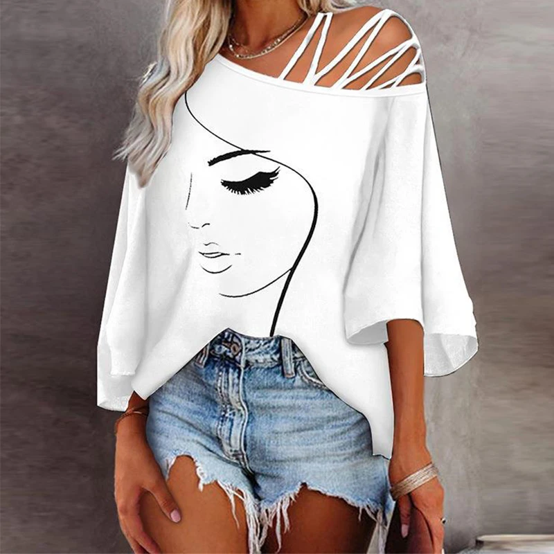 

Fashion Pattern Print Irregular Hollow T-Shirts Women Sexy Cutout Loose Tees Ladies Summer Short Sleeve Off Shoulder Casual Tops