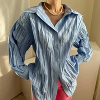 spring and autumn new long sleeved womens pleated slimming summer cardigan t shirt korean fashion ladies casual oversize top