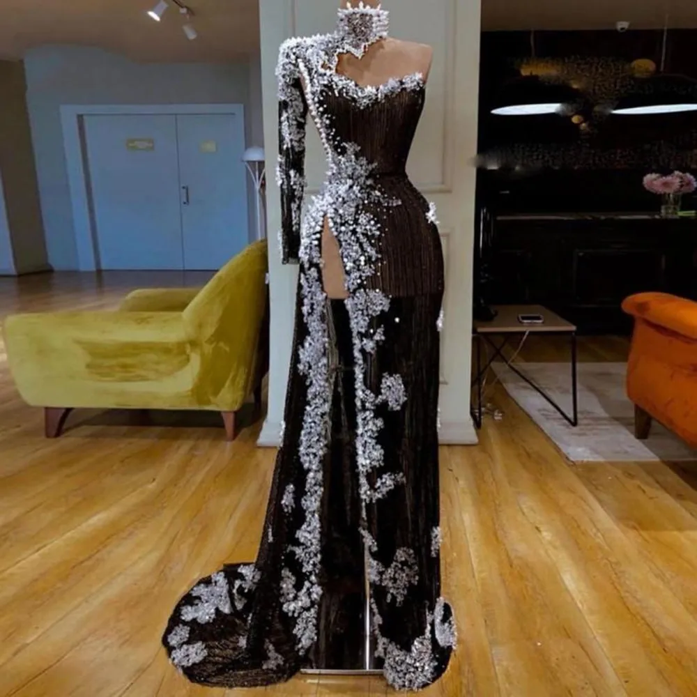 

Sexy Beaded Lace Mermaid Evening Dresses High Side Split Prom Gowns One Shoulder Long Formal Party Dress High Collar