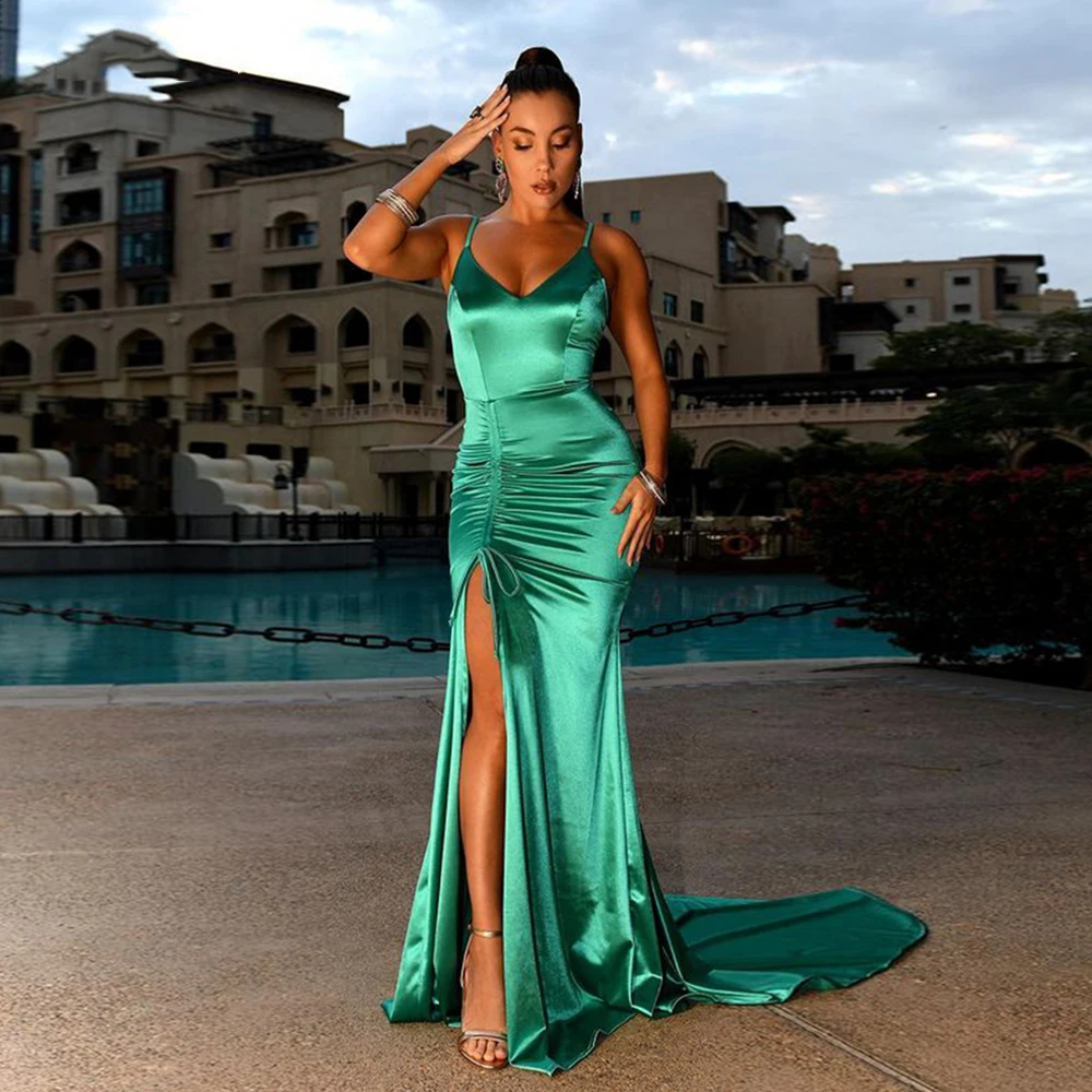 

GUXQD Fashion Mermaid Satin Evening Dresses Vestidos Formal Spaghetti Straps Side Slit Prom Party Gowns Vestido De Fiesta