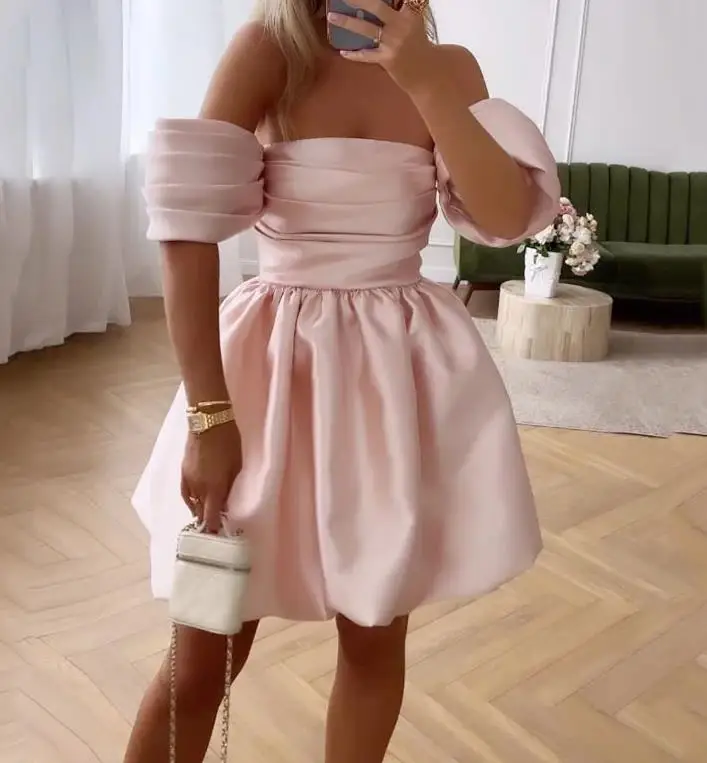 

Summer Party Dress New Gentle Style Elegant Solid Color Loose Dress 2023 Strapless Pleated Puff Sleeve Mini Dress Princess Dress