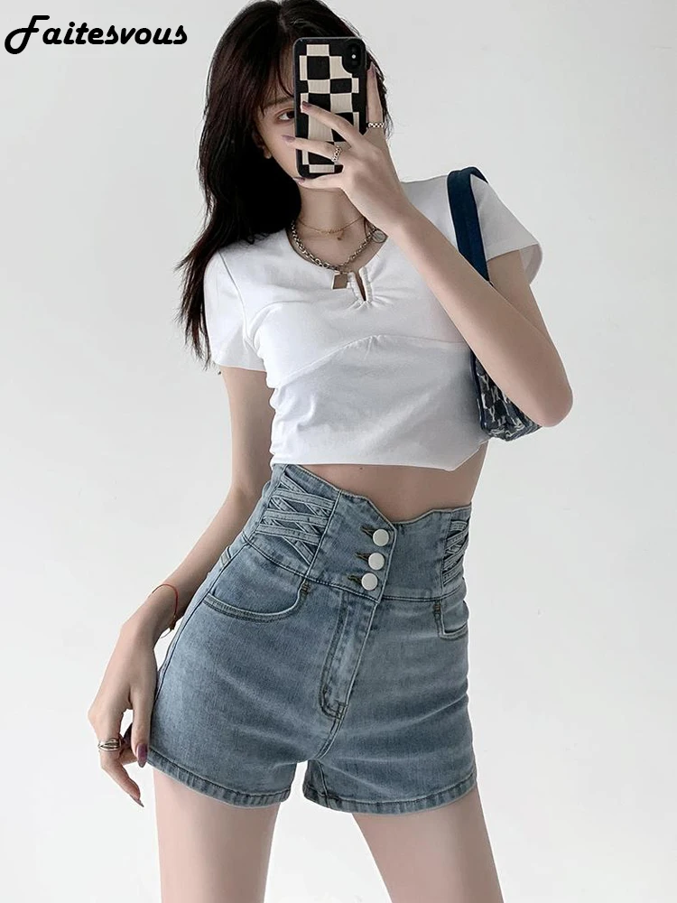 2022 New Summer Y2K Jeans Women Fitness Cross Denim Shorts Fashion High Waist Wide Leg Pants Female XS-2XL