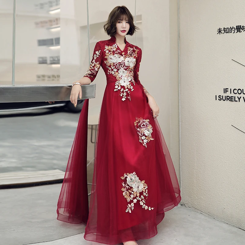 

Wine Red Bridal Wedding Reception Dresses Long Elegant V-Neck A-Line Floor-Length Luxury Appliques Women Formal Evening Dresses