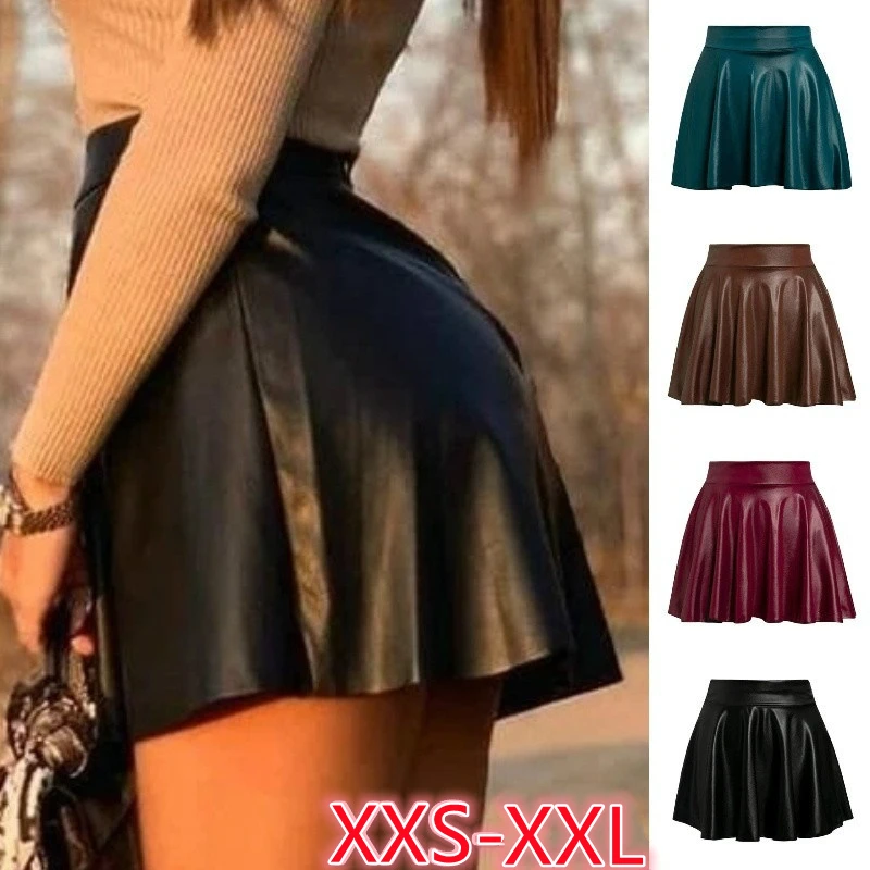 

Spring Autumn Women Black Faux Leather Skirts High Waist Club Pleated Skirts A Line Solid Color Mini Skirts Plus Size XXS-2XL
