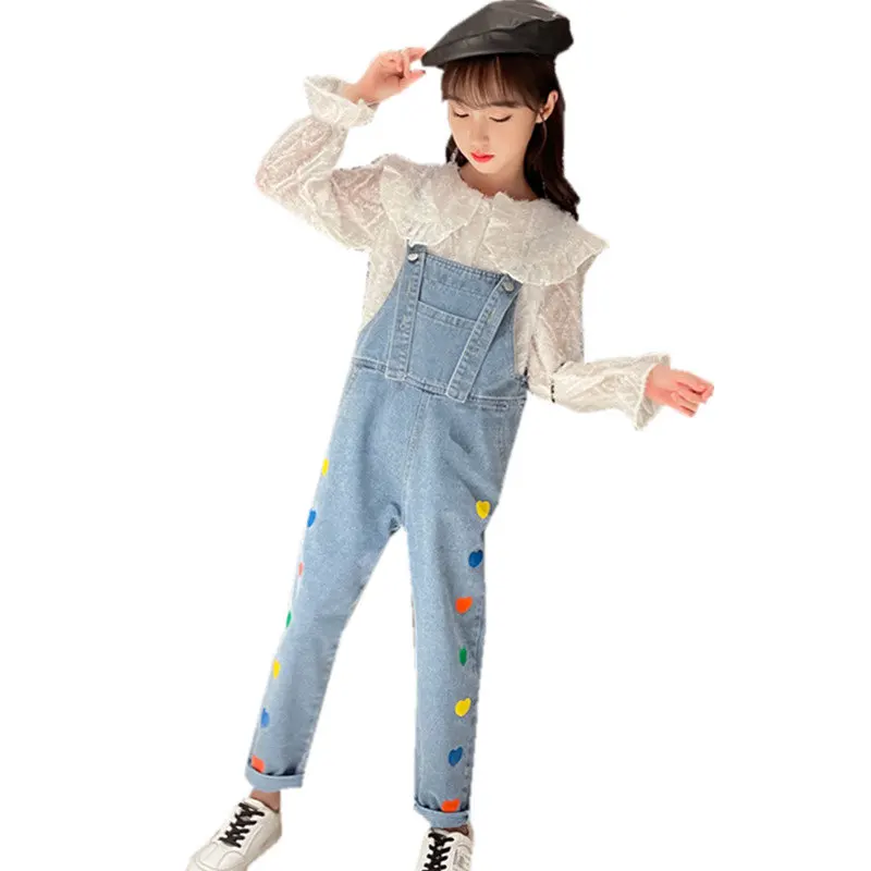 Teenage Girls Sets 2022 Spring Long Sleeve Blouses and Suspender Heart Print Children's Cute Suits Casual Loose Kids Tracksuits
