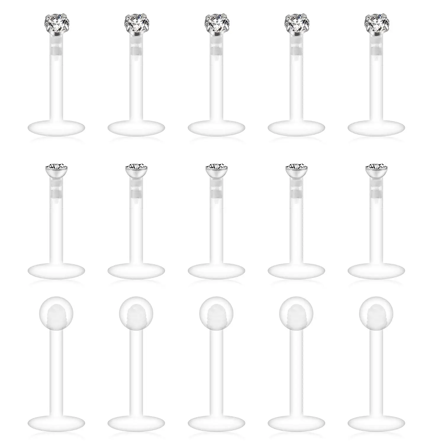 

15 PCS 16G Clear Flexible Acrylic 3mm Ball CZ Gem Lip Ring Tragus Helix Cartilage Earring Stud Barbell Body Piercing Jewelry