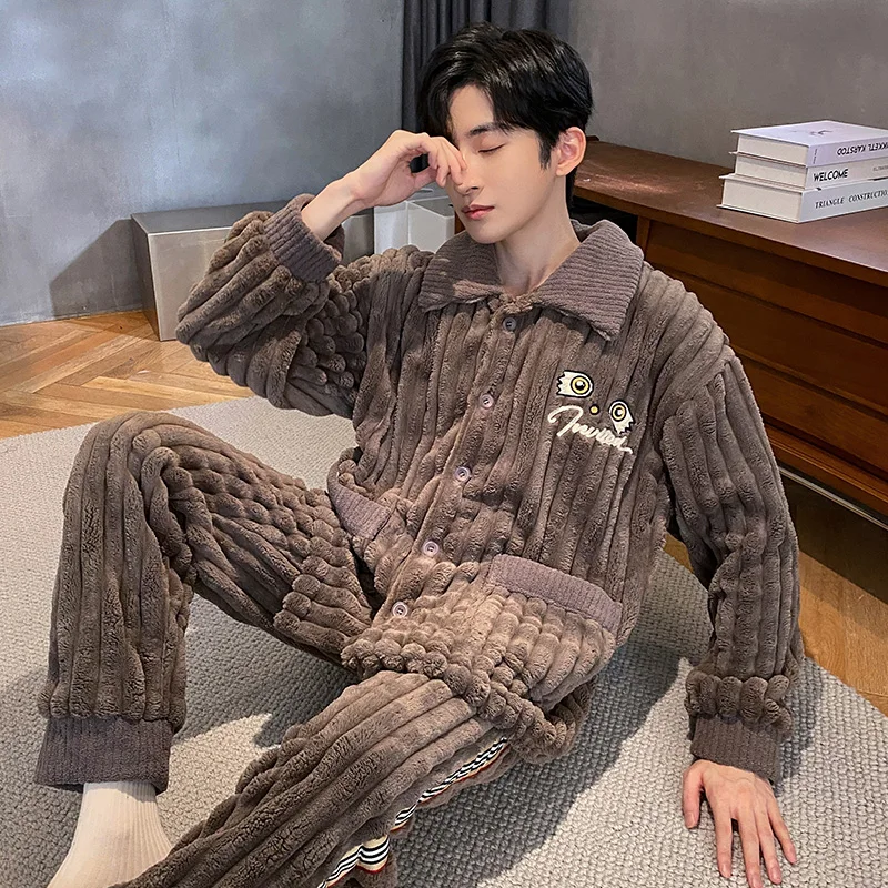 

QUHENG Pajama Set Male Thicken Warm Flannel Long Sleeved Cartoon Men Winter Leisure Loose Home Cloth Autumn Loose Men Sleepwear