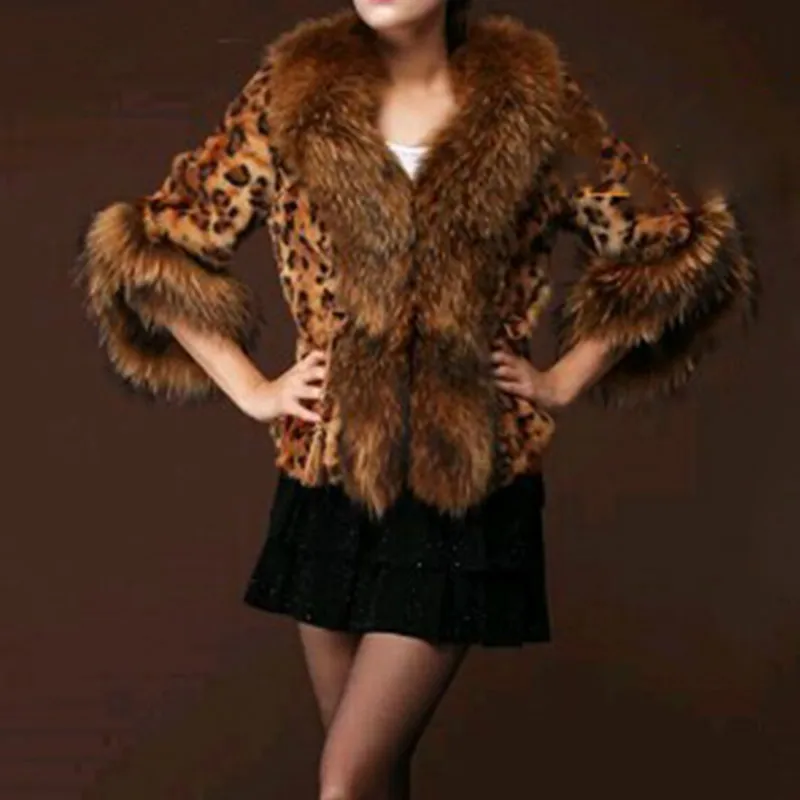 2023 Winter Women's Leopard Print Short Coat Fashion Faux Fur Unique Big Fur Collar Female Tide Long Sleeve Warm Fluffy Coat