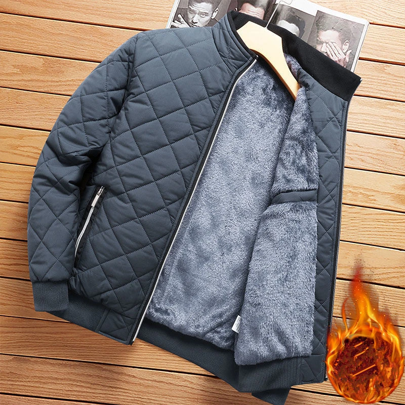

Autumn Winter Bomber Jacket Men Diamond Pattern Fleece Lined Casual Jacket Men Fashion Clothing 2023 Brand New Slim Fit Coat