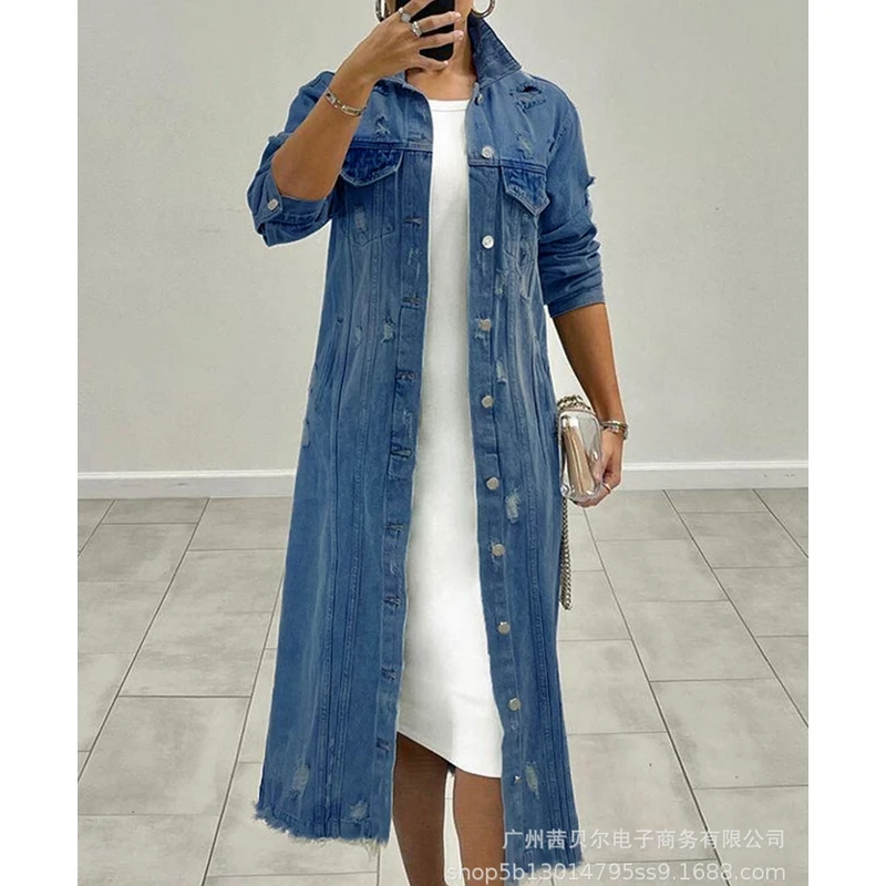 

Women Denim Coat Spring Autumn Loose Hole Large Coat Women Long Sleeve Single-Breasted Turn-down Collar Coat Streetwear Women