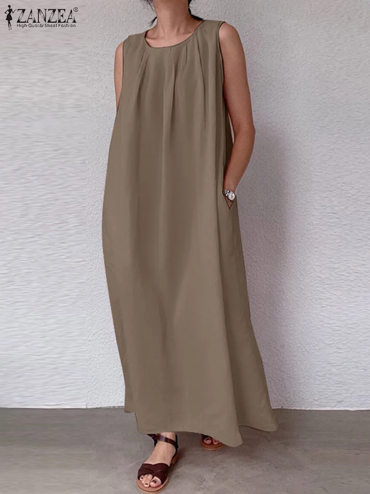 

2022 Femme Fashion Casual Holiday Beach Kaftan Robe ZANZEA Summer Women Solid Dress Sleeveless O-Neck Side Pockets Sundress