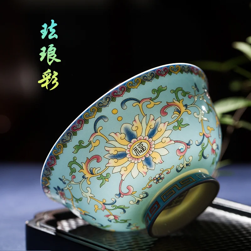 

Enamel Small Bone China High Foot Anti-Scald Rice Household Single Chinese Court Bowl Jingdezhen Ceramic Tableware