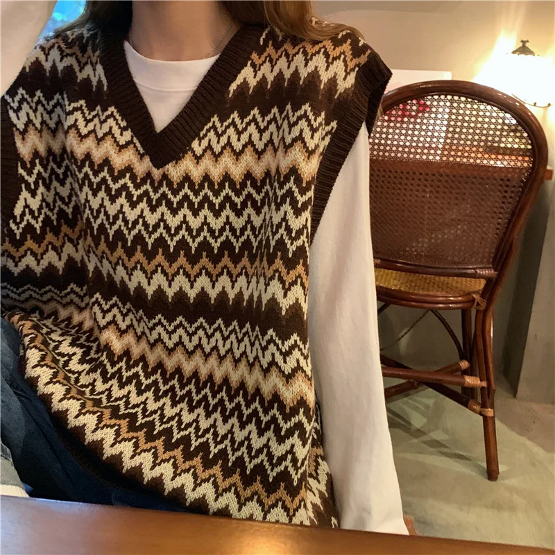 

Women 2021 New Fashion Loose Casual Cottagecore Sweater Vest Korean Striped Knitted Sweater Vest Spring Autumn Warm Streetwear