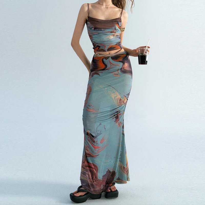 

Two Pieces Set Summer Dress Women Printing Y2k Shirred Elegant Long Dresses Sleeveless Vintage Female Slim Party Bodycon Dress