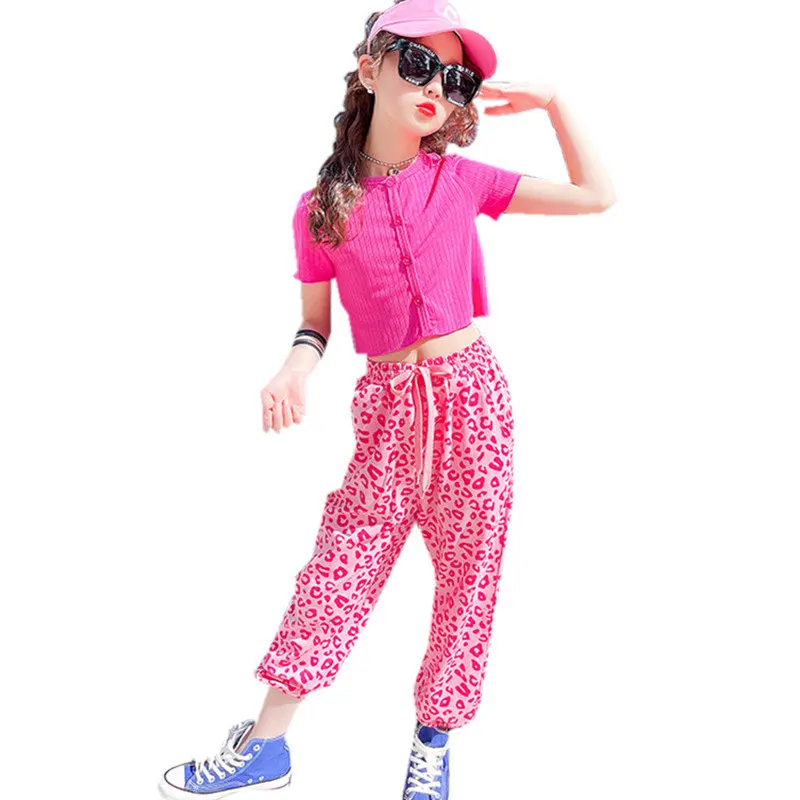 

Children's Suits Girls Summer New Crop Top+Pants Leopard Print Pink Two Piece Casual Kids Clothes 4 5 6 7 8 9 11 10 12 13 14Yrs