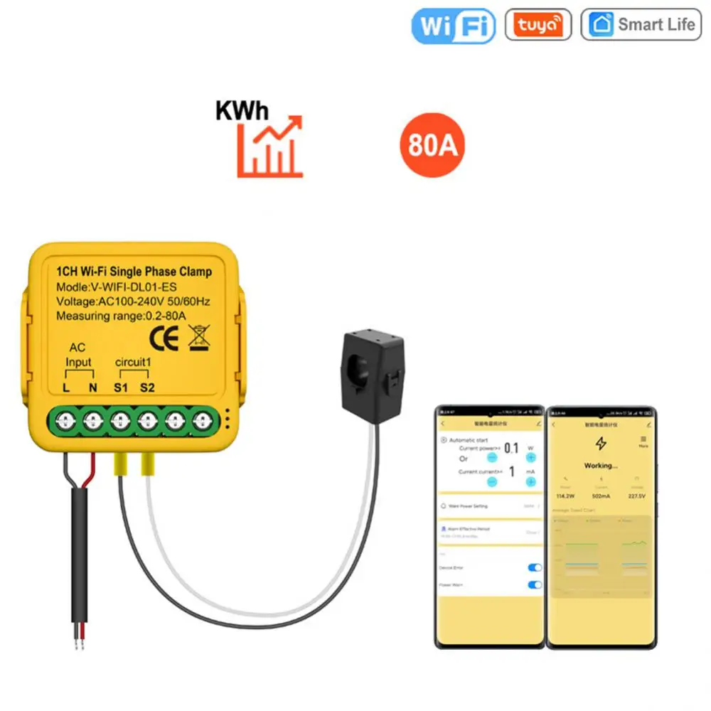 

Tuya Smart Life WiFi Energy Meter 80A with Current Transformer Clamp KWh Power Monitor Electricity Statistics For Home