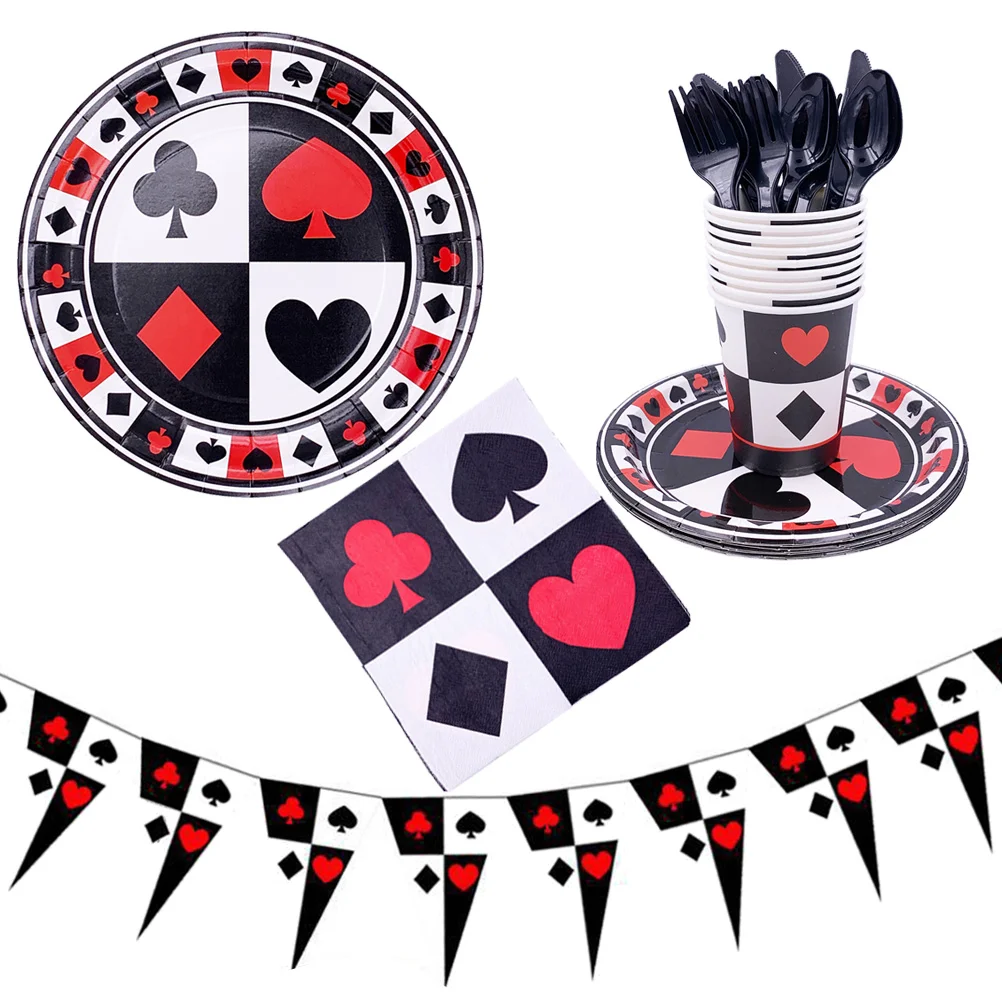 

Party Tableware Supplies Set Decor Casino Poker Game Theme Decorations Kit Cake Cutlery Banner Carnival Serves