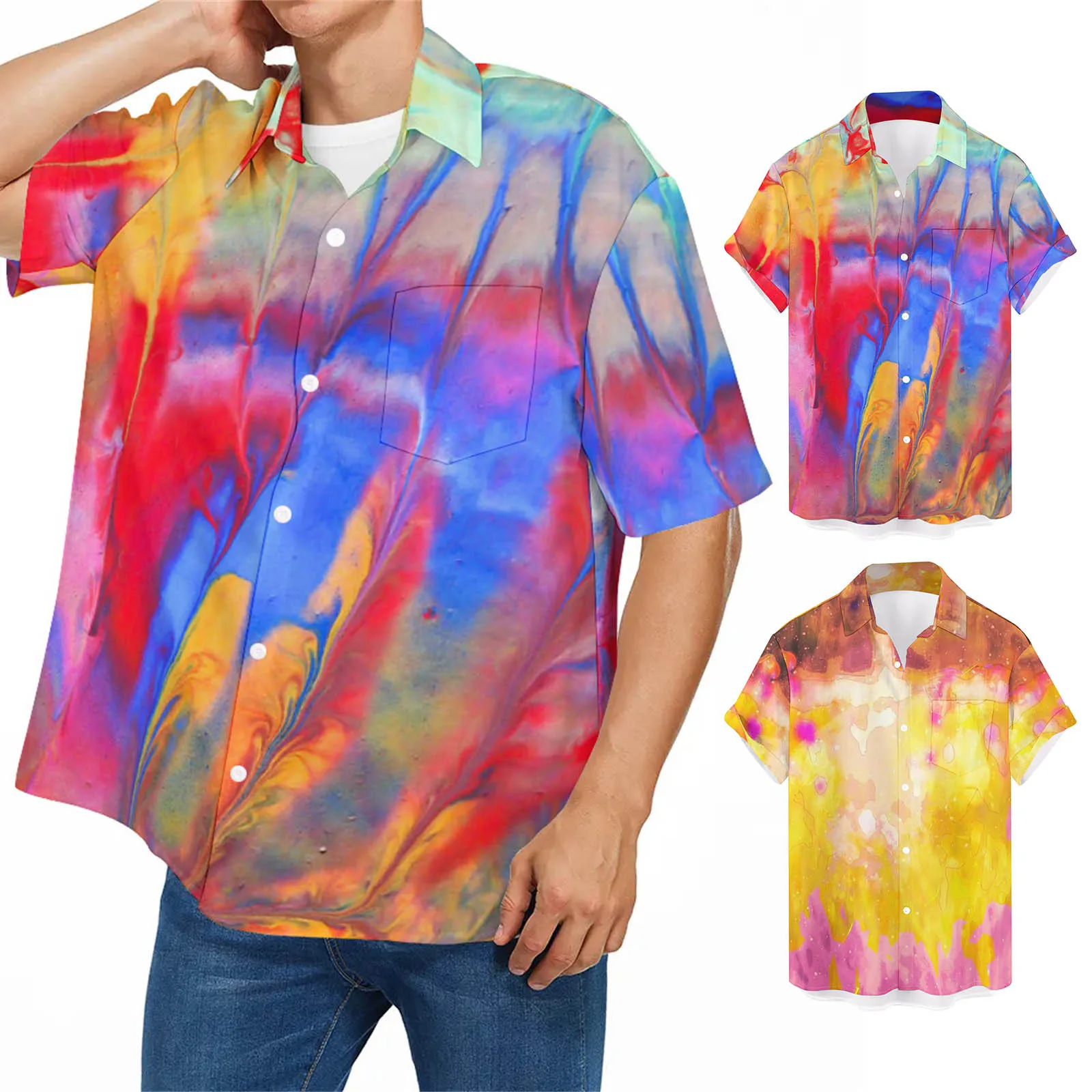 

Men Fashion Spring Summer Casual Short Sleeve Turndown Neck Printed T Shirts Top Blouse Breathable 3D Print Camisa