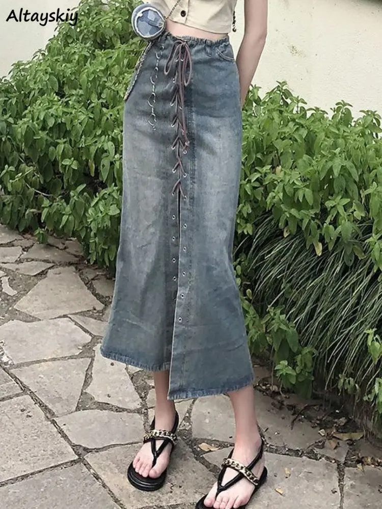 

Midi Skirts Women Slim Bandage Chic Designed Retro Cool American Style Streetwear Distressed Hip Hop Fashion Sexy S-4XL Faldas