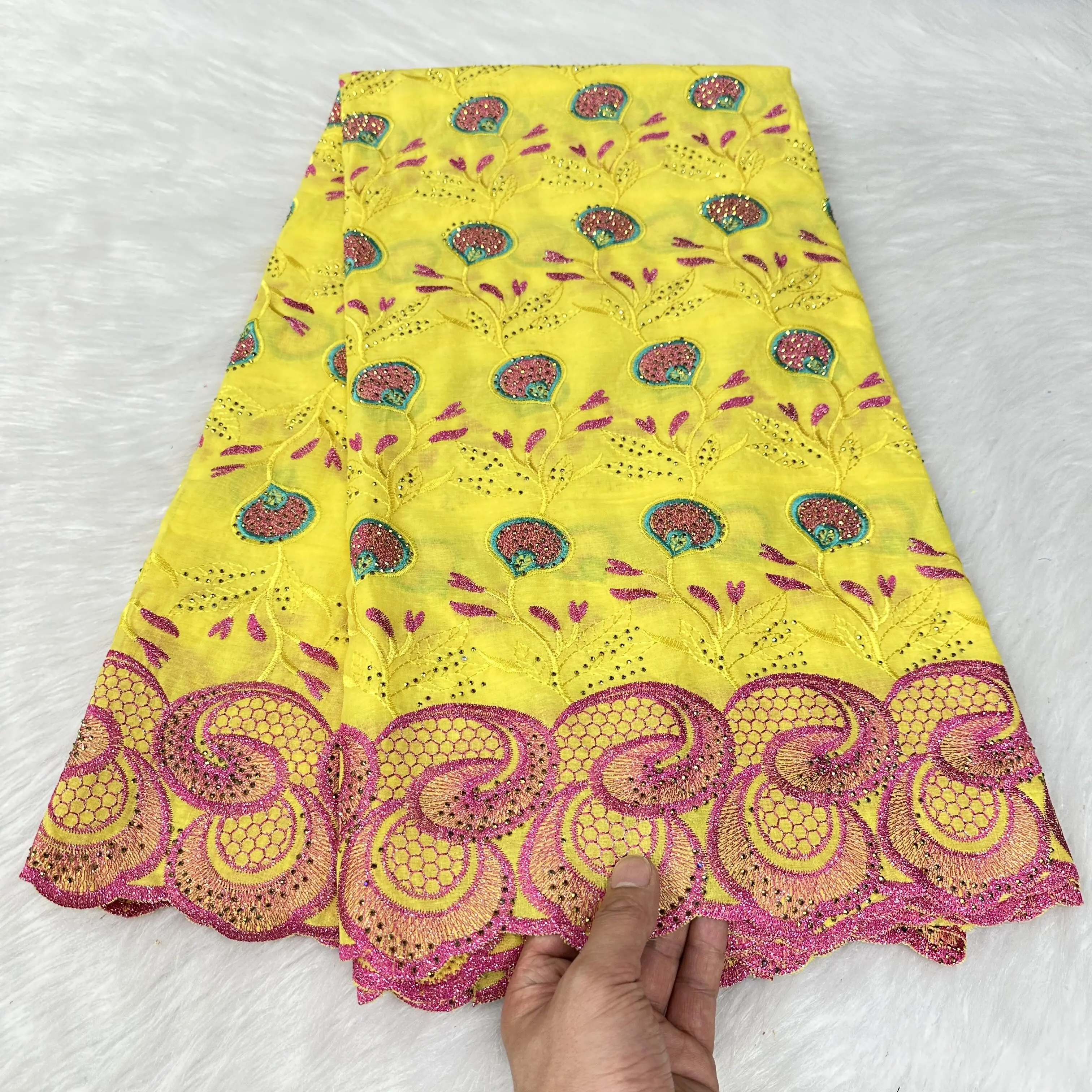 

5 ярдов, швейцарская вуаль, кружевная ткань, тяжелая вышивка бисером, Африканский высококачественный 100% хлопок с бриллиантами, популярный Дубайский стиль 9L09235