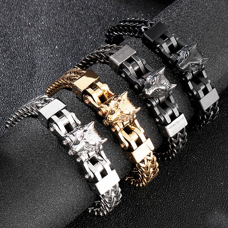 

Punk Rock Retro Viking Wolf Bracelet Animal Accessories Hiphop Men's Stainless Steel Double Mesh Chain Bangles Jewelry Wristband