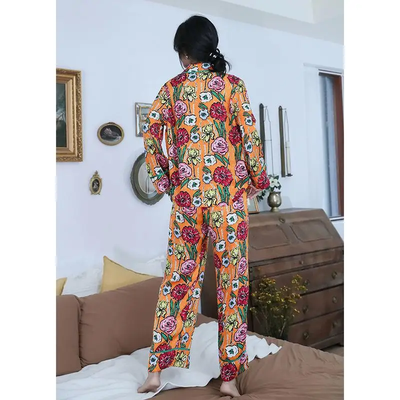 Printed pajamas women's long-sleeved ice silk two-piece fashion pajamas for women  bộ đồ ngủ mùa hè nữ  pijama