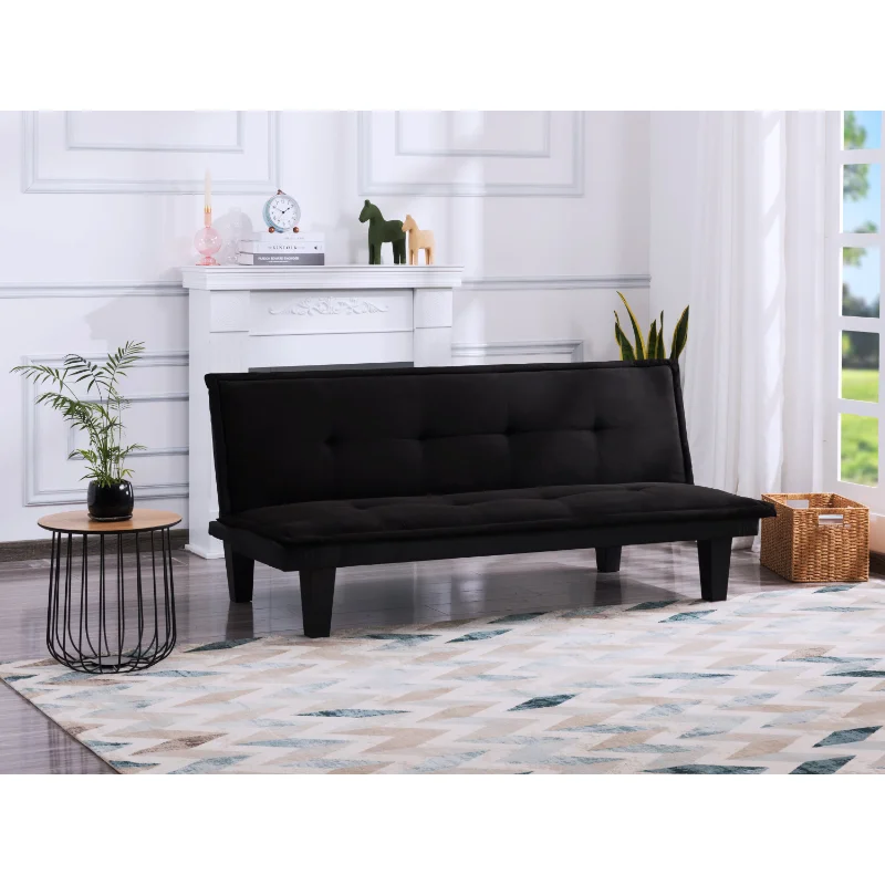 

BSHTI 63.8”Futon Sofa Bed，Black Faux Suede Upholstered Sofa Couch,Convertible Sleeper Bed for living room ,apartment