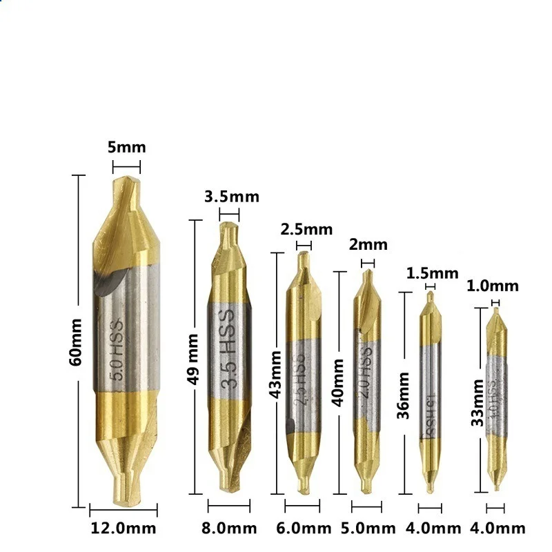 

60 ° HSS TiN and nitrided coating center drill 1.0-5mm set for metal processing chamfer positioning CNC lathe drill bits