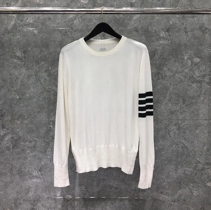 

2023 Fashion Brand TB Sweaters Men Slim Fit O-Neck Pullovers Clothing Thin Striped Wool Cotton White Spring Autumn Casual Coat