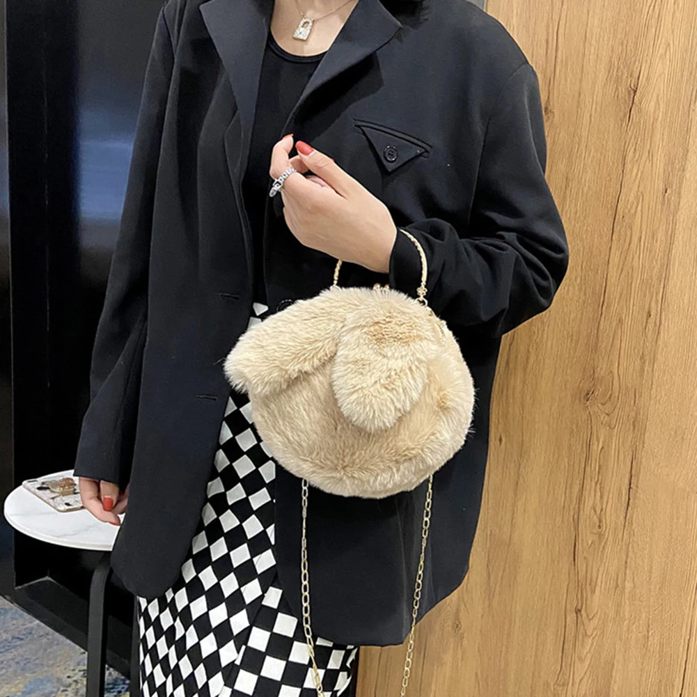 

Fashion Bunny Ear Plush Shoulder Bag Casual Solid Color Crossbody Bags Female Autumn Winter Messenger Bags Chain Small Handbags