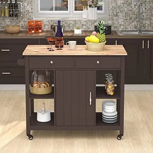 

Cart on Wheels with Wood Top, Utility Wood Kitchen Islands with Storage and Drawers, Easy Assembly - White Water heating pad Han
