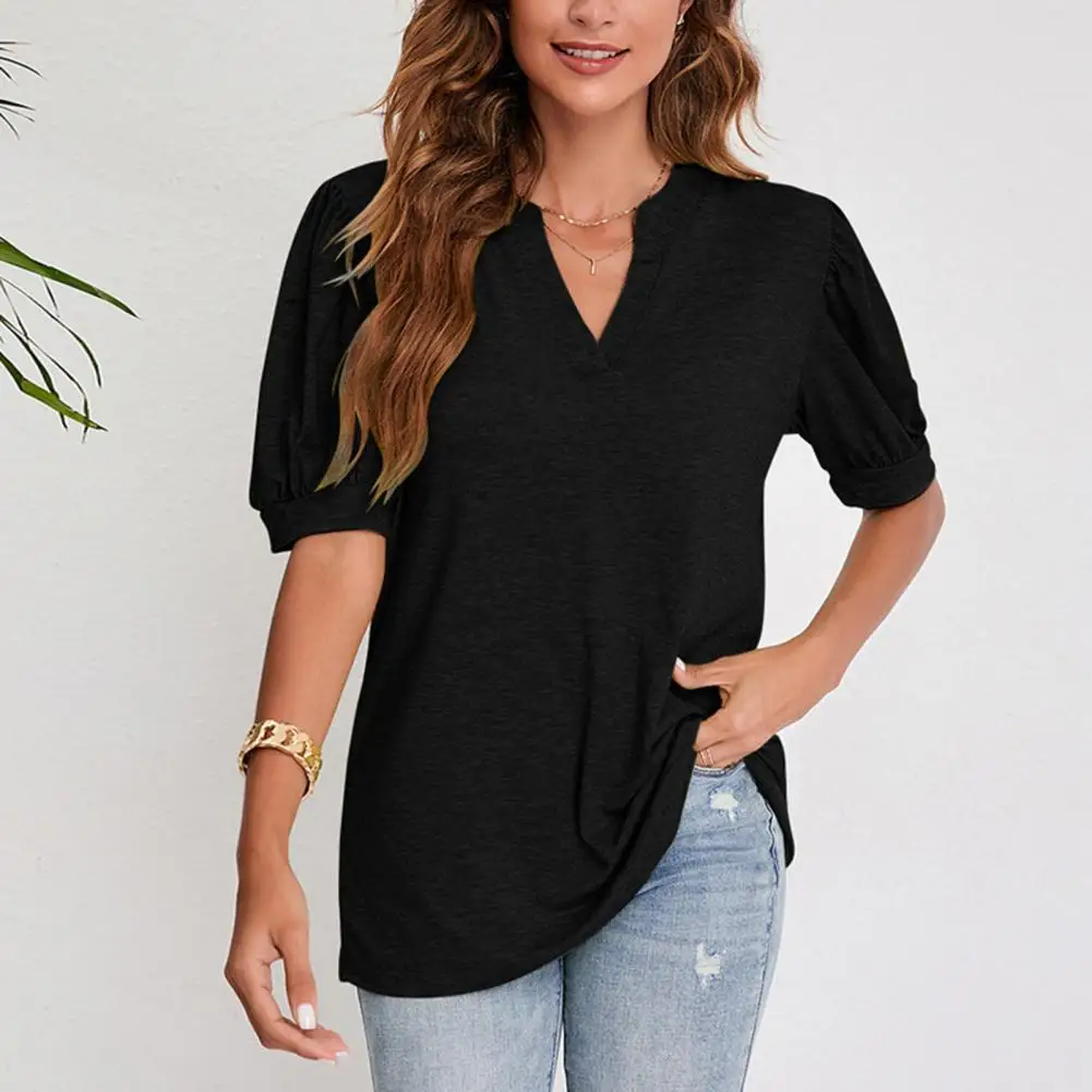 

Women Summer T-shirt V Neck Short Sleeve Lady Loose T-shirt Soft Bubble Sleeve Casual Simple Style Lady Blouse Top