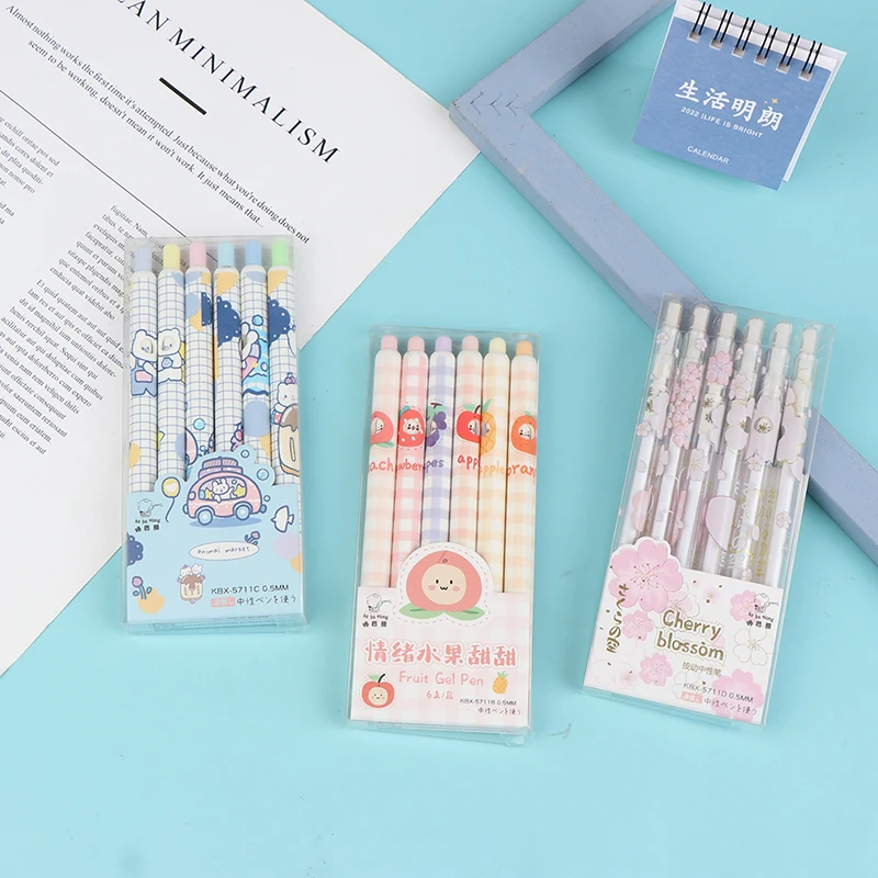

6Pcs/Set Cute Cartoon Gel Pen 0.5mm Black Ink Press Ballpoint Pens Office Accessories Kawaii Stationery School Supplies 3 Styles