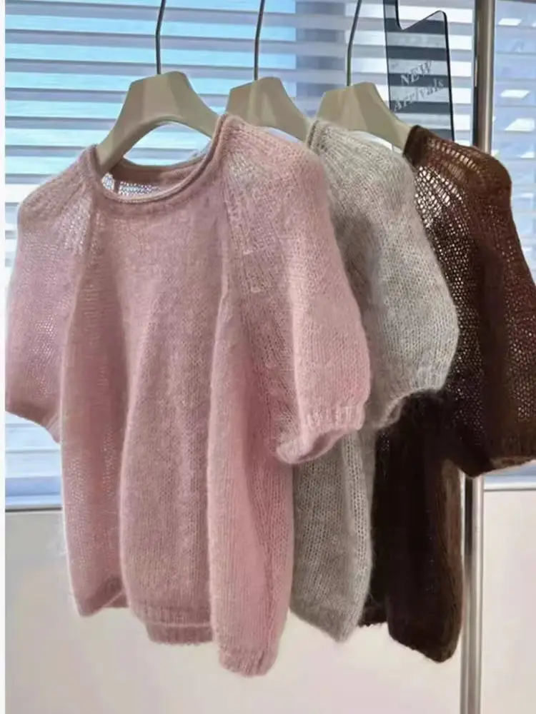 Молочный фуфу мягкий клейкий белый мохеровый свитер с короткими рукавами