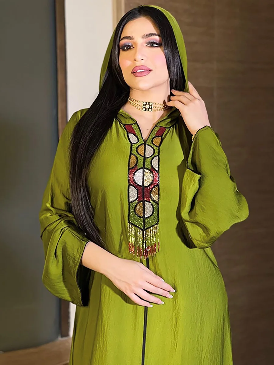 ИД мусульманское платье с капюшоном, женское роскошное платье ручной работы, отделанное бисером, марокканский Caftan платье с кисточками Оман,...