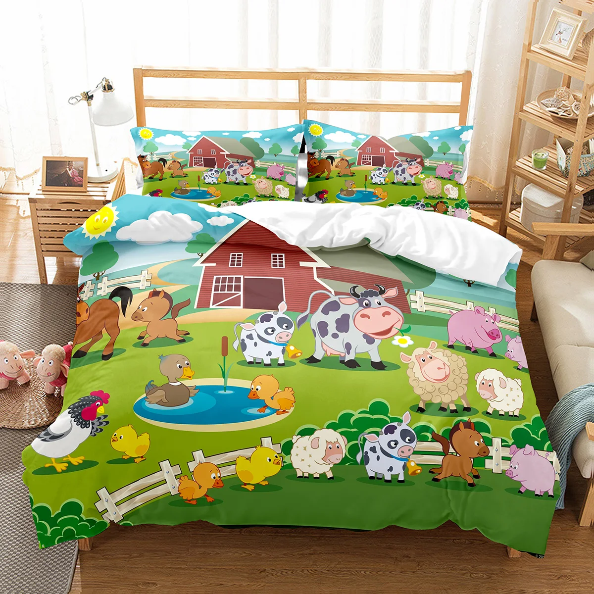Farm Animals King Queen Duvet Cover Kids Cartoon Cow Bedding Set Deer Wooden House Chick Quilt Cover Polyester Comforter Cover