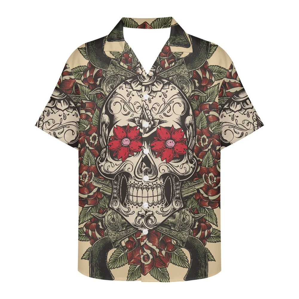 Halloween Skull Print Men's Shirt New Design Men Short Sleeve V Neck Shirt Summer Style Casual Fashion Rose Print Men Clothing