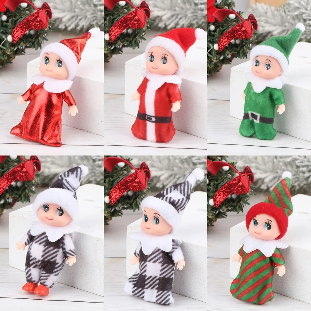 1PC 7cm Christmas Elf Doll Movable Arms Legs DIY Doll House Decor Accessories Plaid Baby Doll Toys Christmas Children Kids Gifts