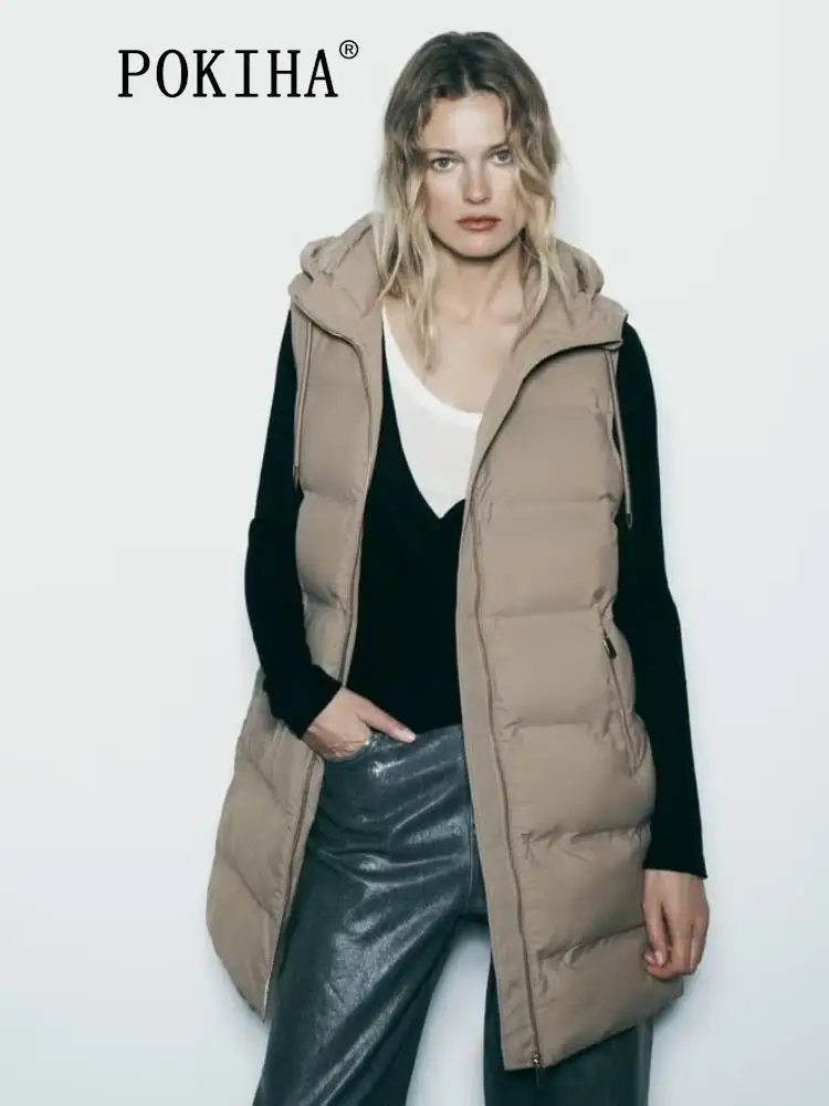 

Pokiha Модный женский новый толстый теплый на молнии с капюшоном мягкий длинный жилет пальто винтажные боковые карманы женский жилет шикарные топы