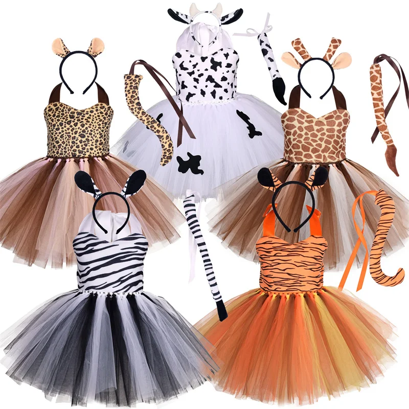 Halloween Animal Cosplay Kids Forest Theme Giraffe Cows Tiger Leopard Zebra Print Tutu Dress Baby Girls Birthday Party