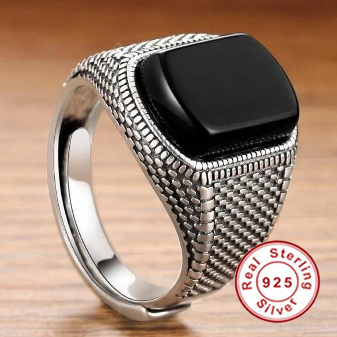 

Weight 6.4g Vintage Black Agate Thai Ring 925 Sterling Silver Rings For Men's Resizable Size Trump 2024 Certified Original 925