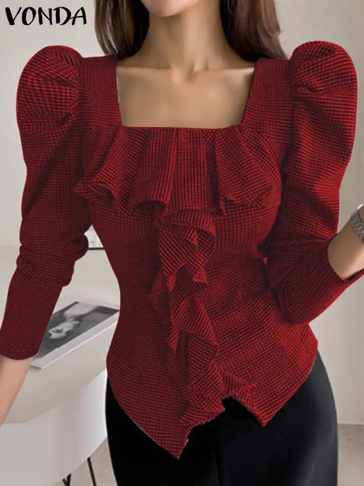 

Модные женские офисные блузки VONDA 2023, рубашки в клетку с пышными рукавами и оборками, сексуальная туника с квадратным воротником и принтом