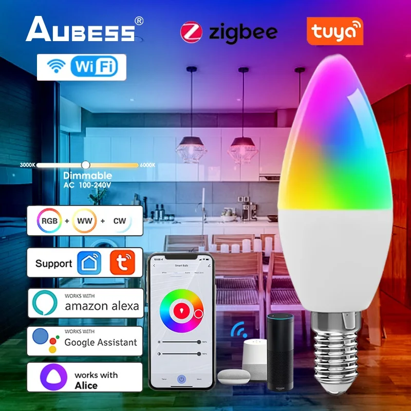 

Aubess Zigbee/Tuya Smart Lightbulb E14 RGB+CCT 100-240V 5W Dimmable LED Voice Control Work With Alexa Google Home Yandex Alice