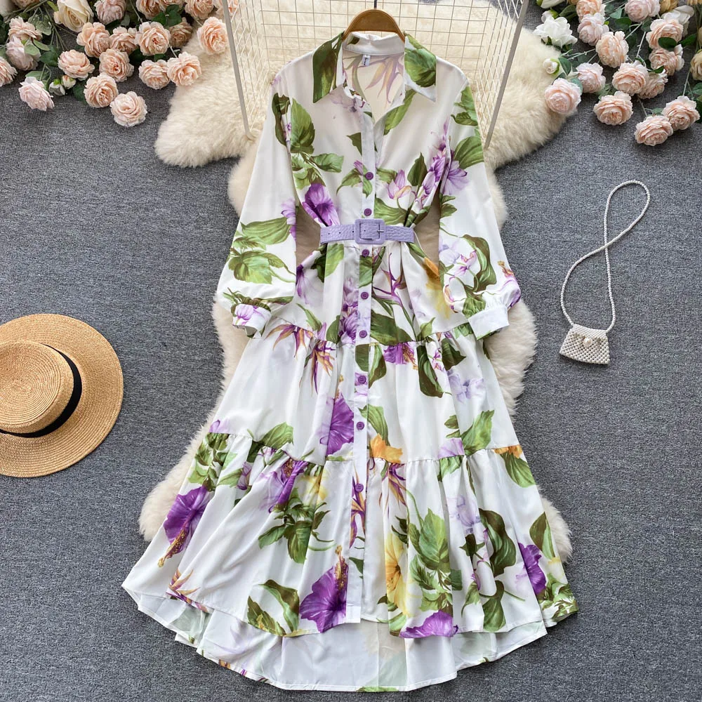 

VANOVICH French Style Waist Slim Temperament Lantern-sleeved Dress Summer Women's Fashion Printing Simple Thin A-line Long Dress