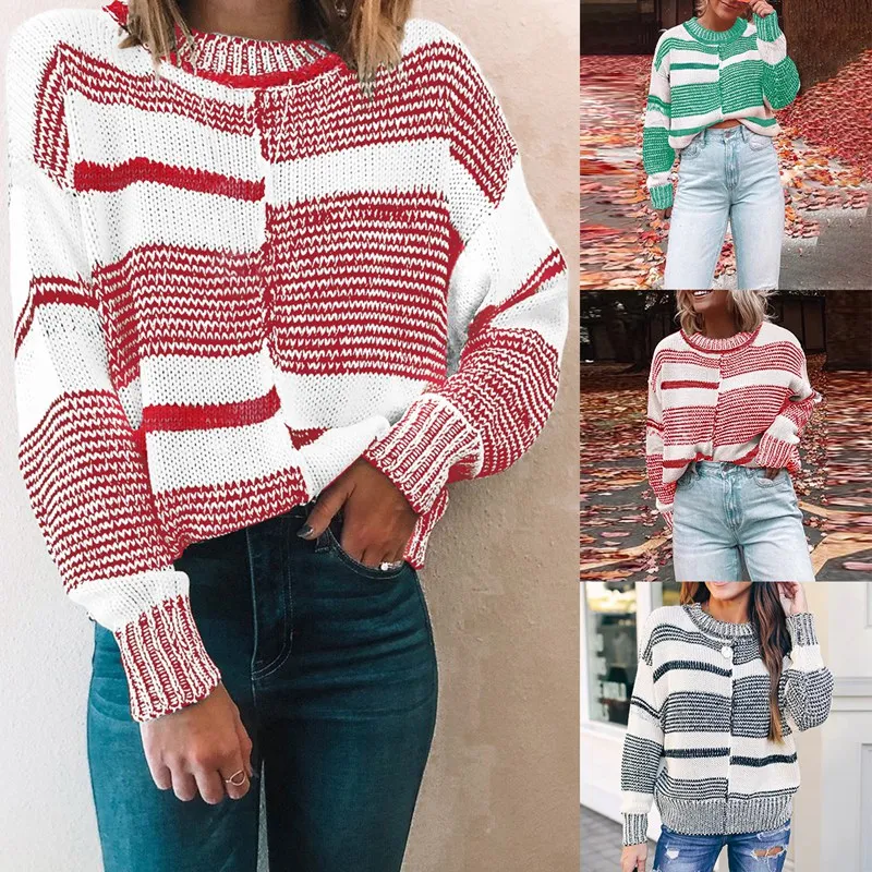 

Women's Fashion Casual Knit Sweater Stitching Pullover Long Sleeve Sweater