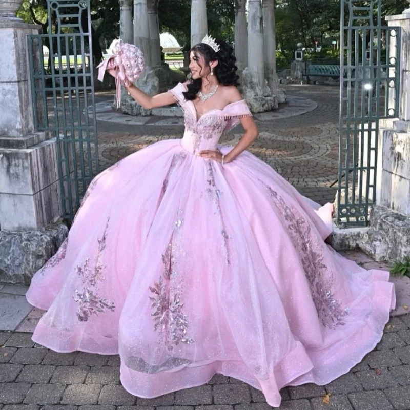 Розовое блестящее бальное платье Quinceanera платья с блестками аппликациями