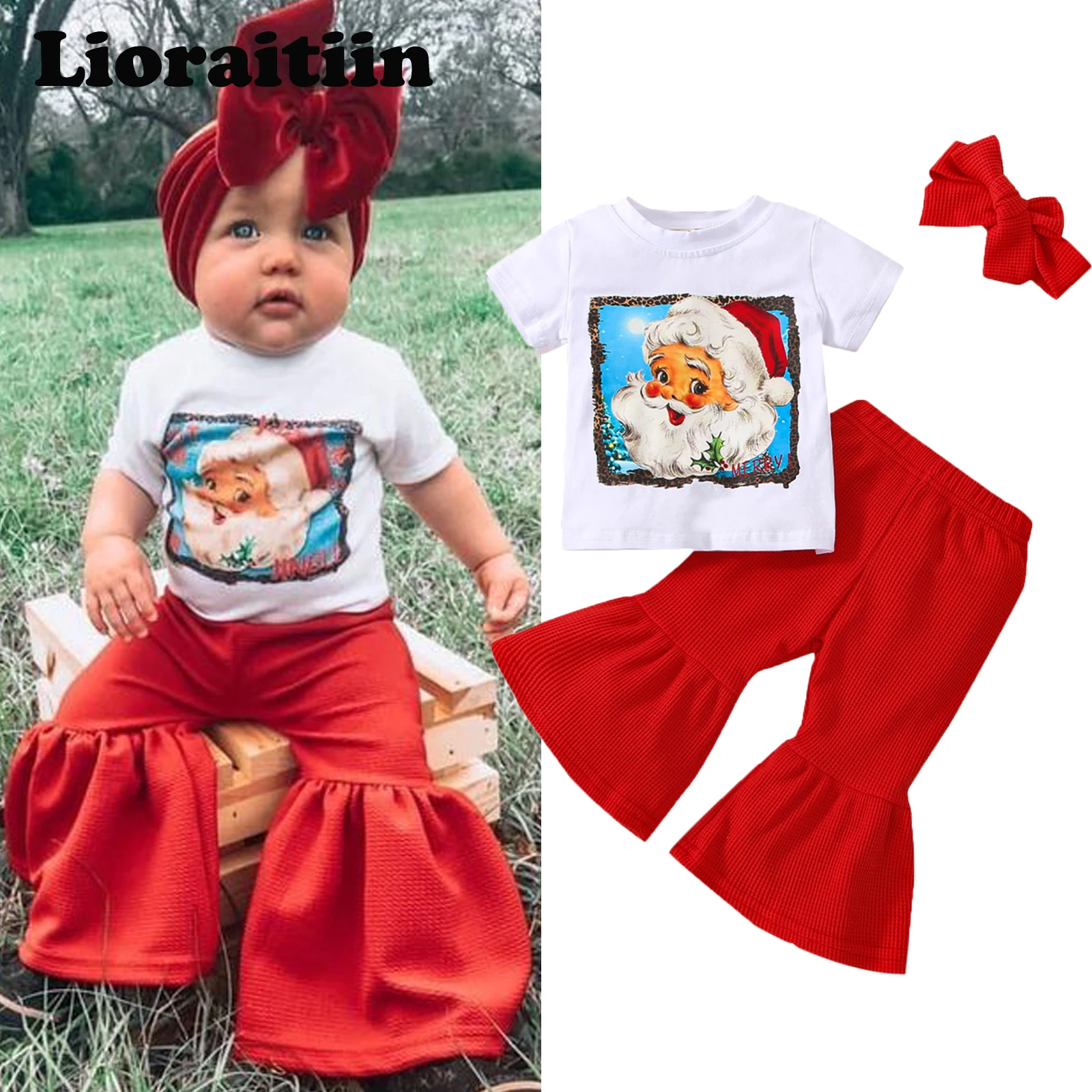 

2022-08-25 Lioraitiin 0-4Years Toddler Baby Girl 3Pcs Christmas Clothing Set Shrot Sleeve Santa Claus Printed Shirt Red Pants
